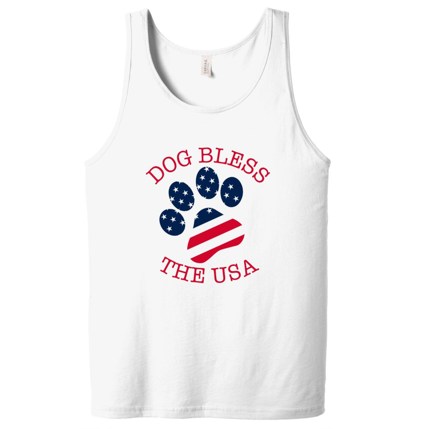White tank top with 'Dog Bless the USA' design on a white background
