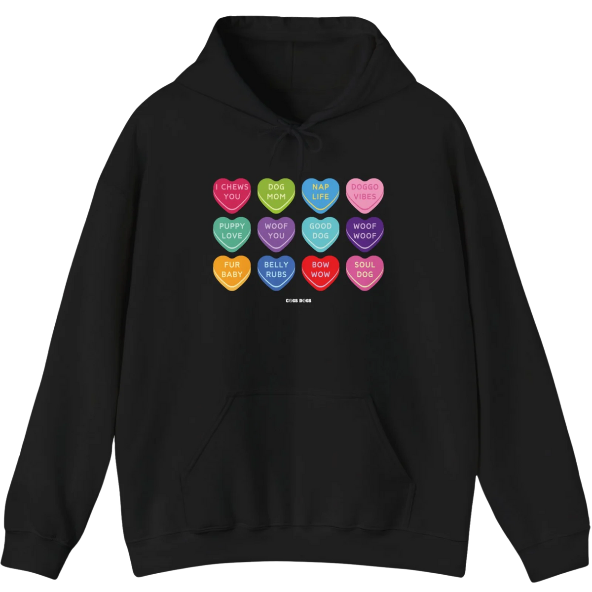 Black Valentine's Day Conversation Hearts Dog Mom hoodie with colorful heart-shaped dog sayings.