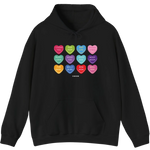 Black Valentine's Day Conversation Hearts Dog Mom hoodie with colorful heart-shaped dog sayings.