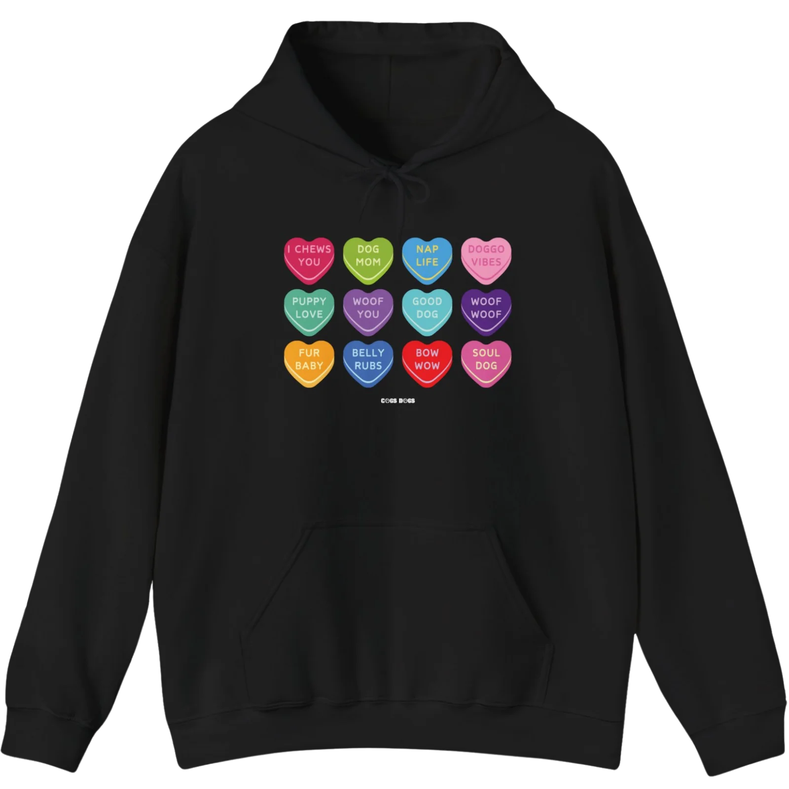 Black Valentine's Day Conversation Hearts Dog Mom hoodie with colorful heart-shaped dog sayings.
