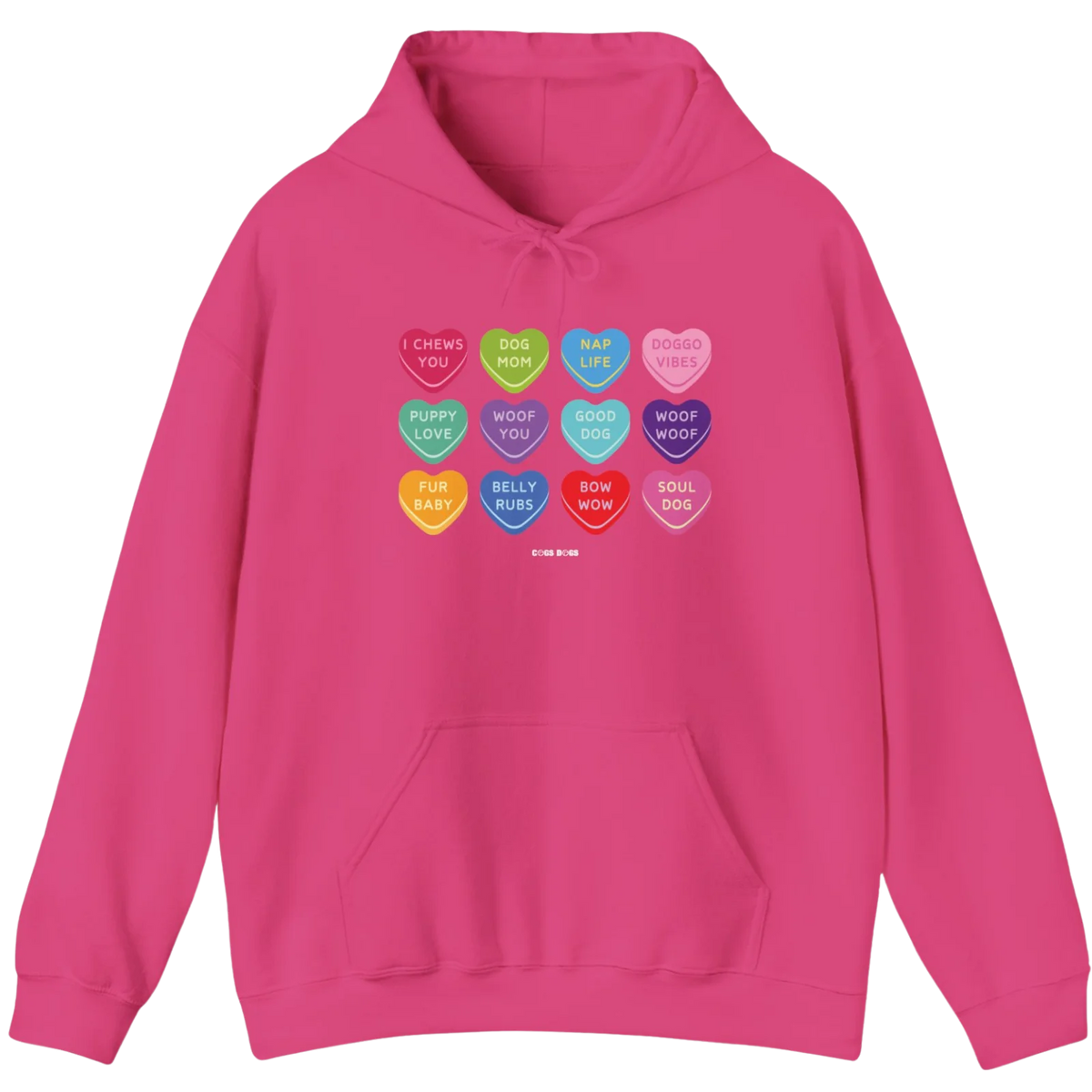 Pink Valentine's Day Conversation Hearts Dog Mom hoodie with colorful heart-shaped dog sayings.