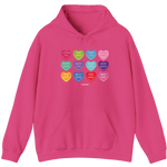 Pink Valentine's Day Conversation Hearts Dog Mom hoodie with colorful heart-shaped dog sayings.