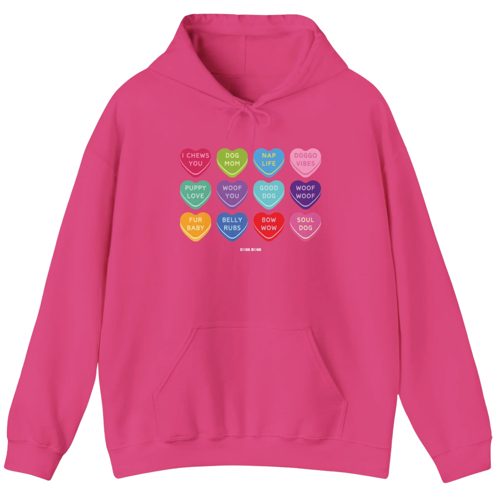 Pink Valentine's Day Conversation Hearts Dog Mom hoodie with colorful heart-shaped dog sayings.