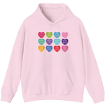 Light pink Valentine's Day Conversation Hearts Dog Mom hoodie with colorful heart-shaped dog sayings.
