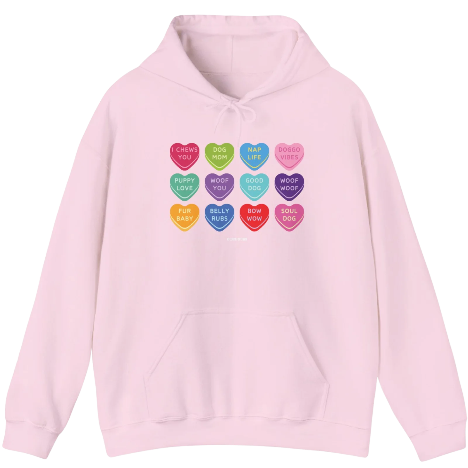 Light pink Valentine's Day Conversation Hearts Dog Mom hoodie with colorful heart-shaped dog sayings.